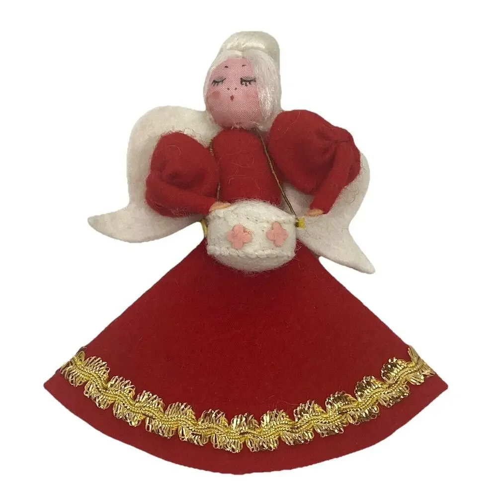 Vintage Christmas Angel 4 7/8” Figure Felt Red White Gold Wings Drum Decor